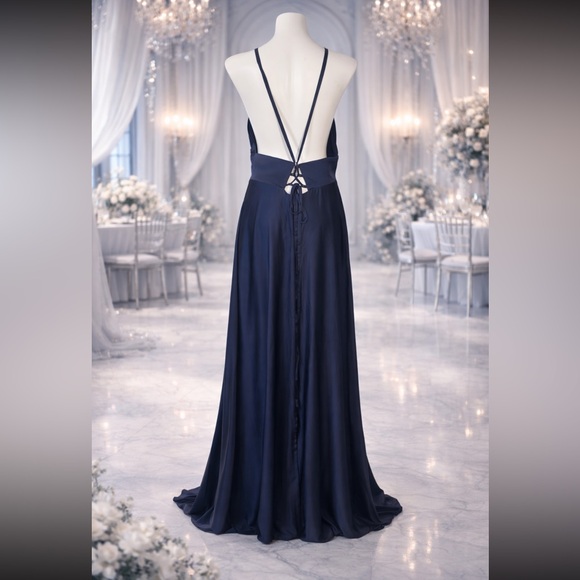 NWT Navy Blue Satin Maxi Dress Open Back Spaghetti Strap Sleeveless 12 - Picture 6 of 8